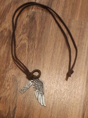 Angel Wing Pendant Necklace with Brown Suede Cord